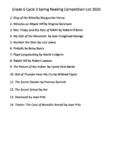 Grade 6 Cycle 3 Spring Reading Competition List 2020 St Peters